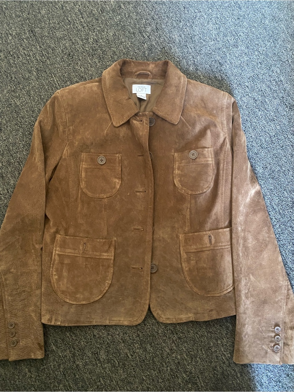 Ann Taylor LOFT Vintage Style Brown Genuine Suede Utility Chore Jacket Size 8